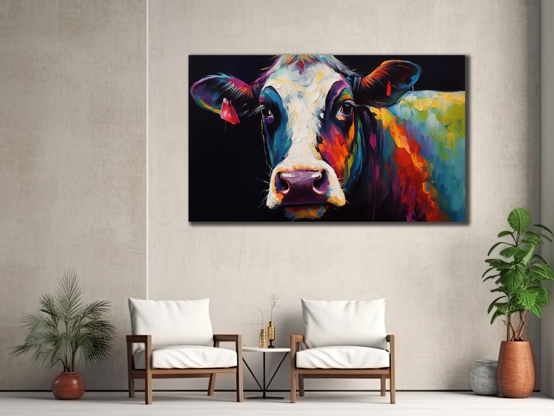 Colorful Cow Printing Cow Wall Decor Abstract Animal Wall Art Painting On Colorful Animal Art Farmhouse For Gifts - Image 2