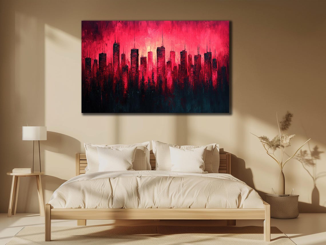 Crimson Red Abstract City Skyline Sunset Silhouette Urban Art Poster - Image 3