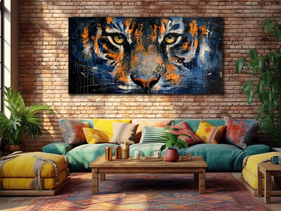 Tiger Face Close Up Orange Blue Eyes Bold Wildlife Art Poster
