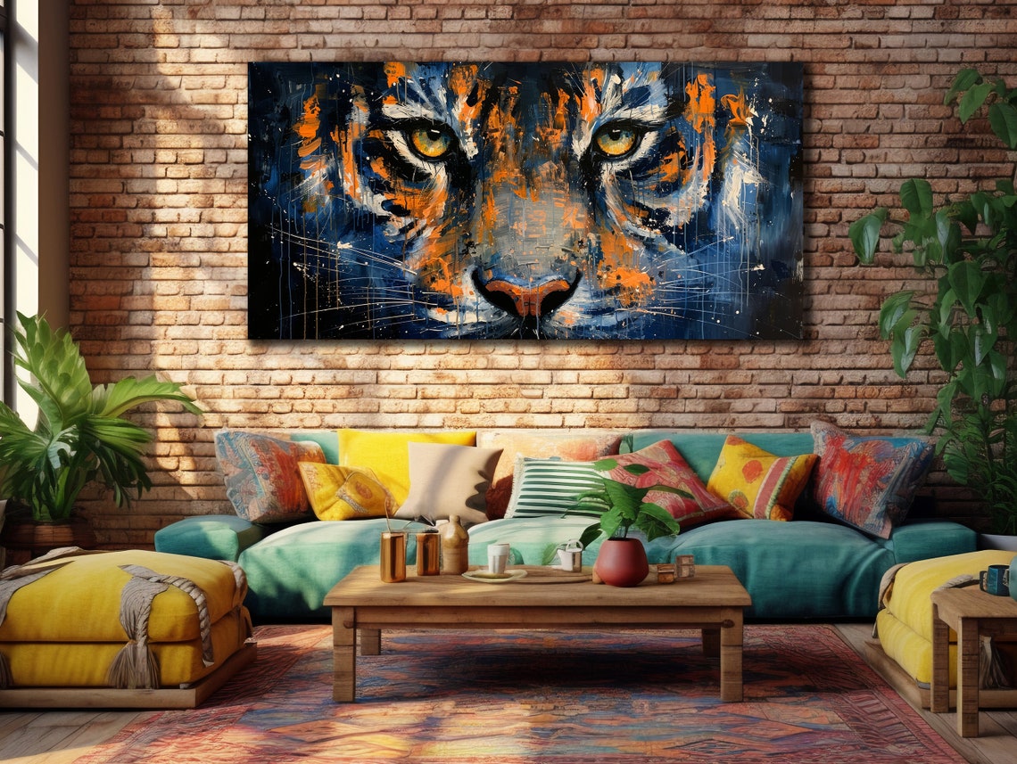 Tiger Face Close Up Orange Blue Eyes Bold Wildlife Art Poster