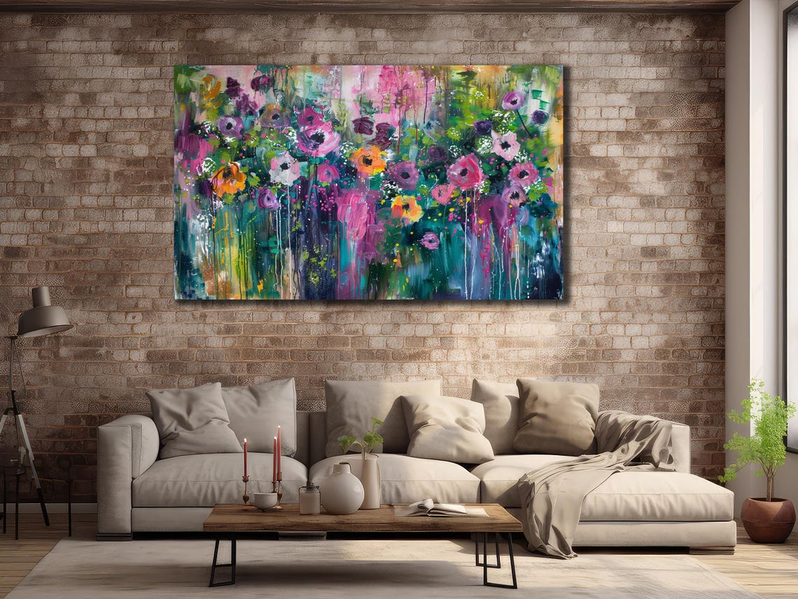 Wildflower Meadow Abstract Spring Bloom Painting Green Pink Art Poster