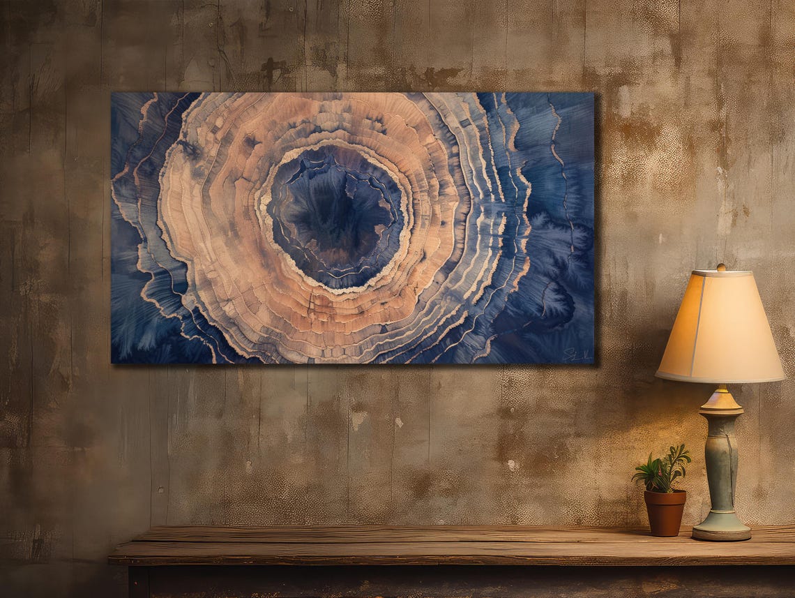 Abstract Wood Grain Rings in Peach and Blue Marble Style Decor Poster - Image 2