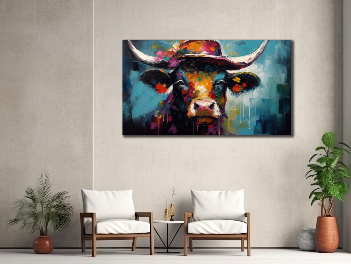 Colorful Longhorn Bull Wearing Hat Pop Art Animal Portrait Poster
