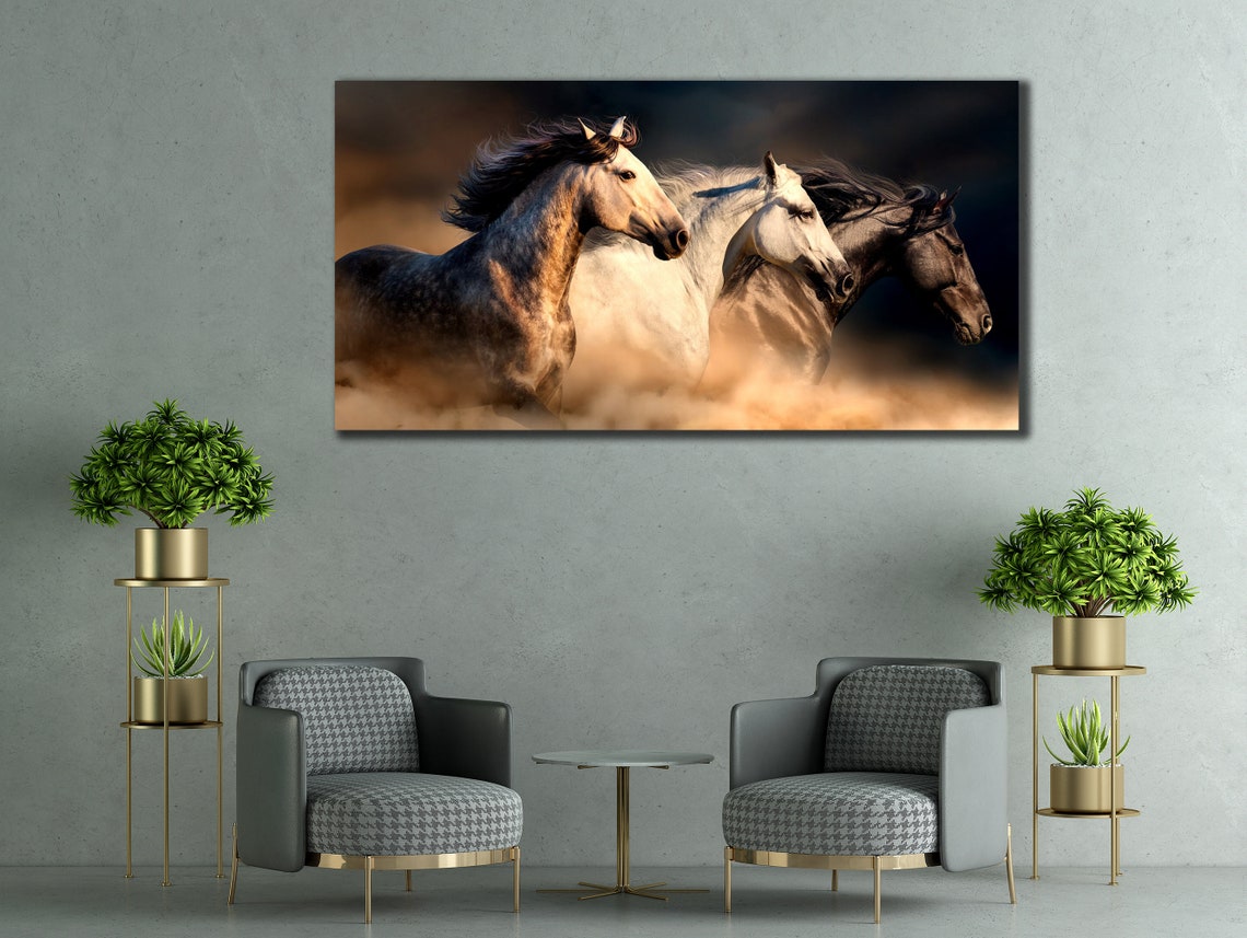 Three Wild Horses Running Through Dust Dramatic Equine Art Poster - Image 3
