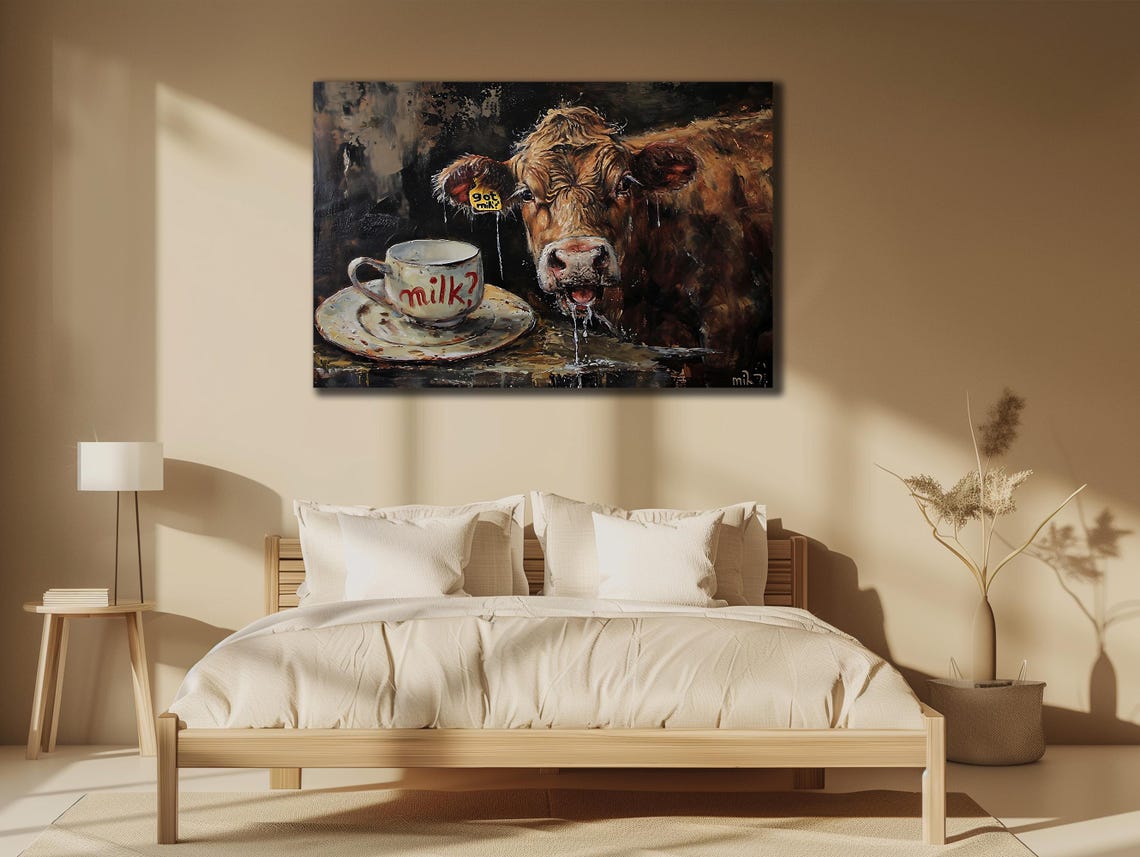 Funny Brown Cow Drinking Milk Question Humorous Kitchen Poster