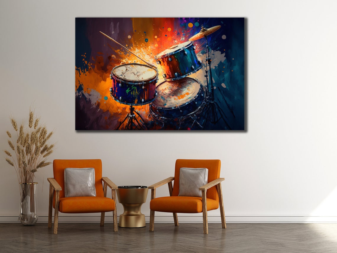Watercolor Drum Set Vibrant Orange Splash Music Wall Art Poster