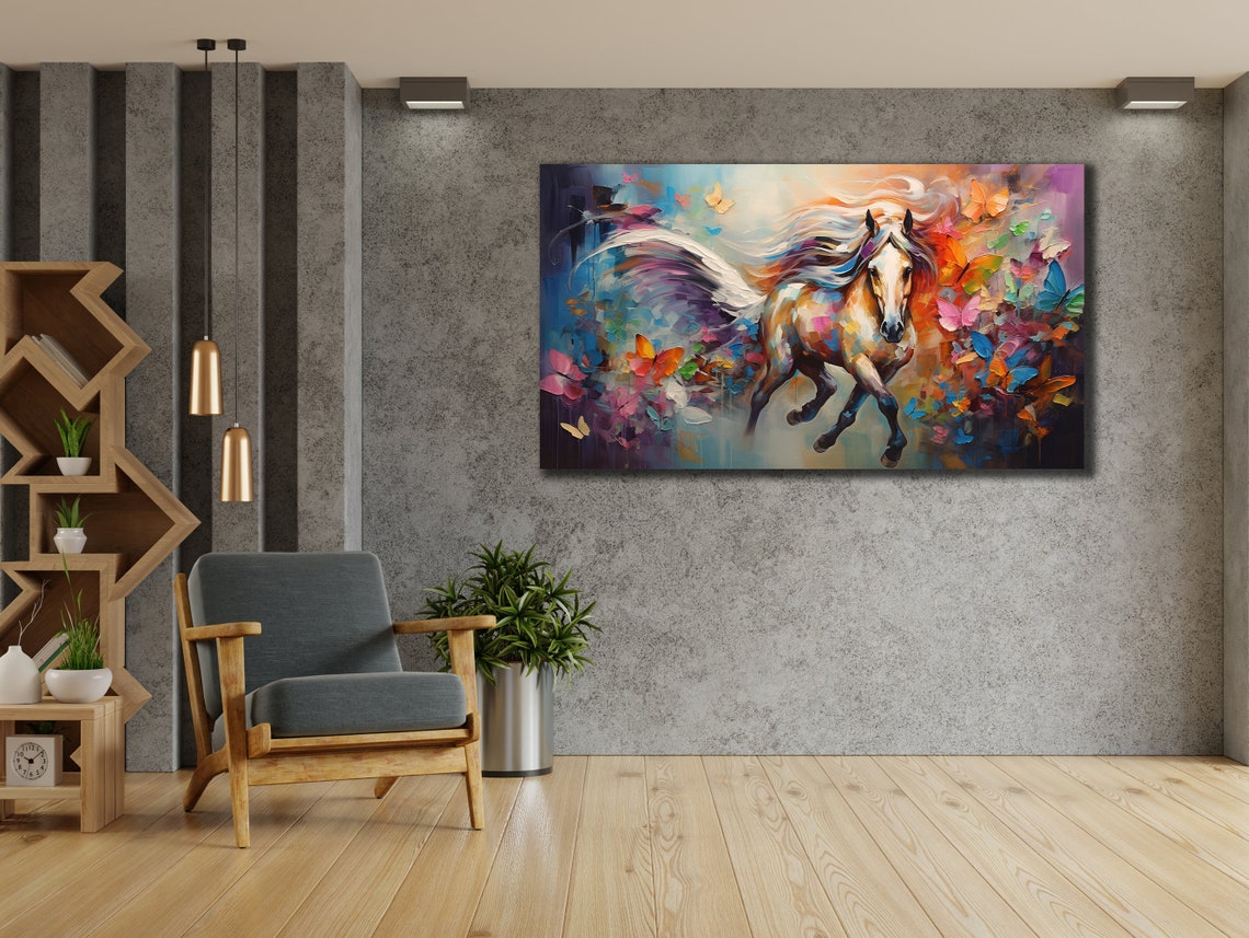 Galloping Horse Surrounded by Colorful Butterflies Art Wall Poster - Image 2