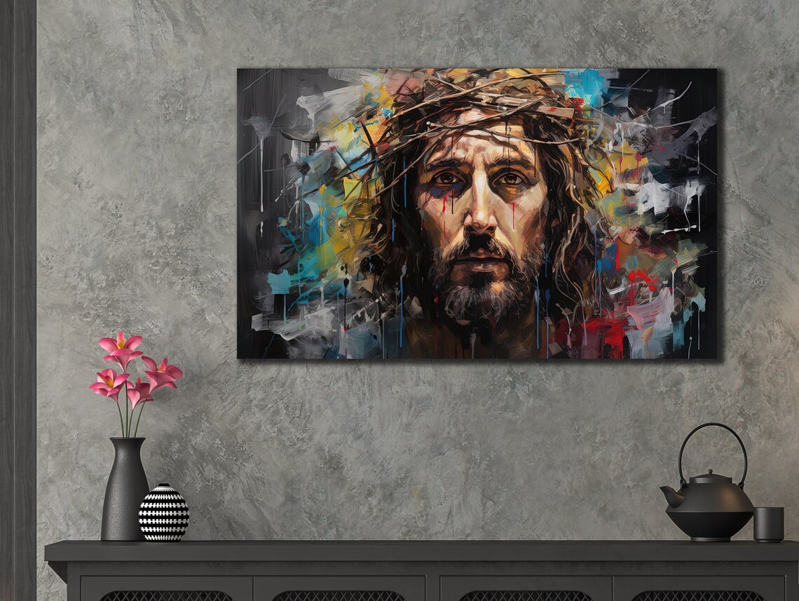 Jesus Crown of Thorns Abstract Splash Modern Christian Painting Wall Art Poster - Image 3