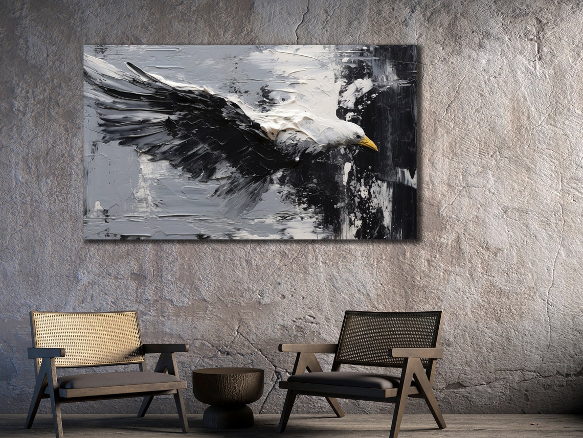 Seagull In Flight Black White Monochrome Impasto Bird Wall Art Print - Image 2