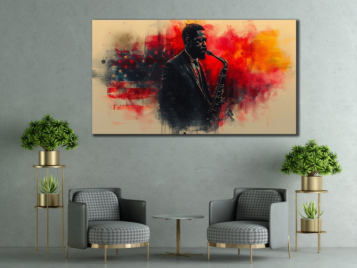 Saxophone Jazz Musician American Flag Watercolor Abstract Music Poster - Image 3
