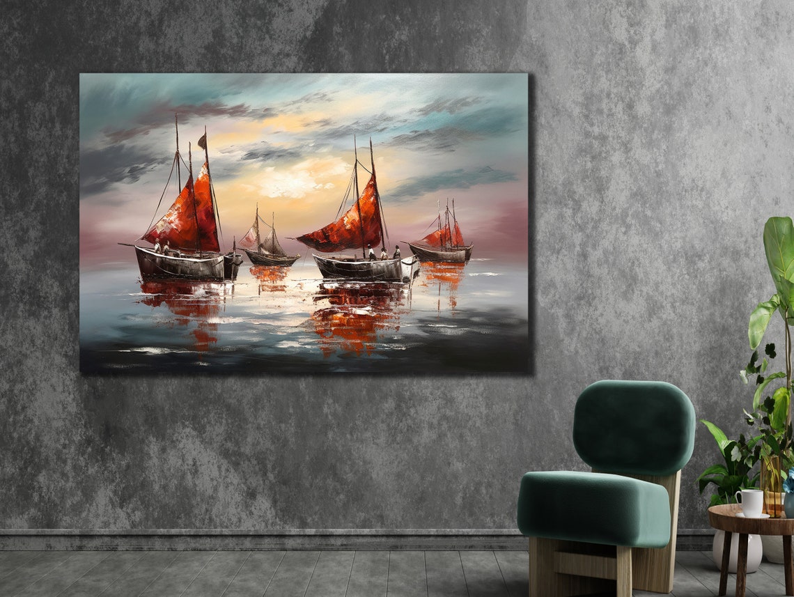 Red Sail Fishing Boats Sunset Harbor Seascape Oil Painting Poster - Image 3