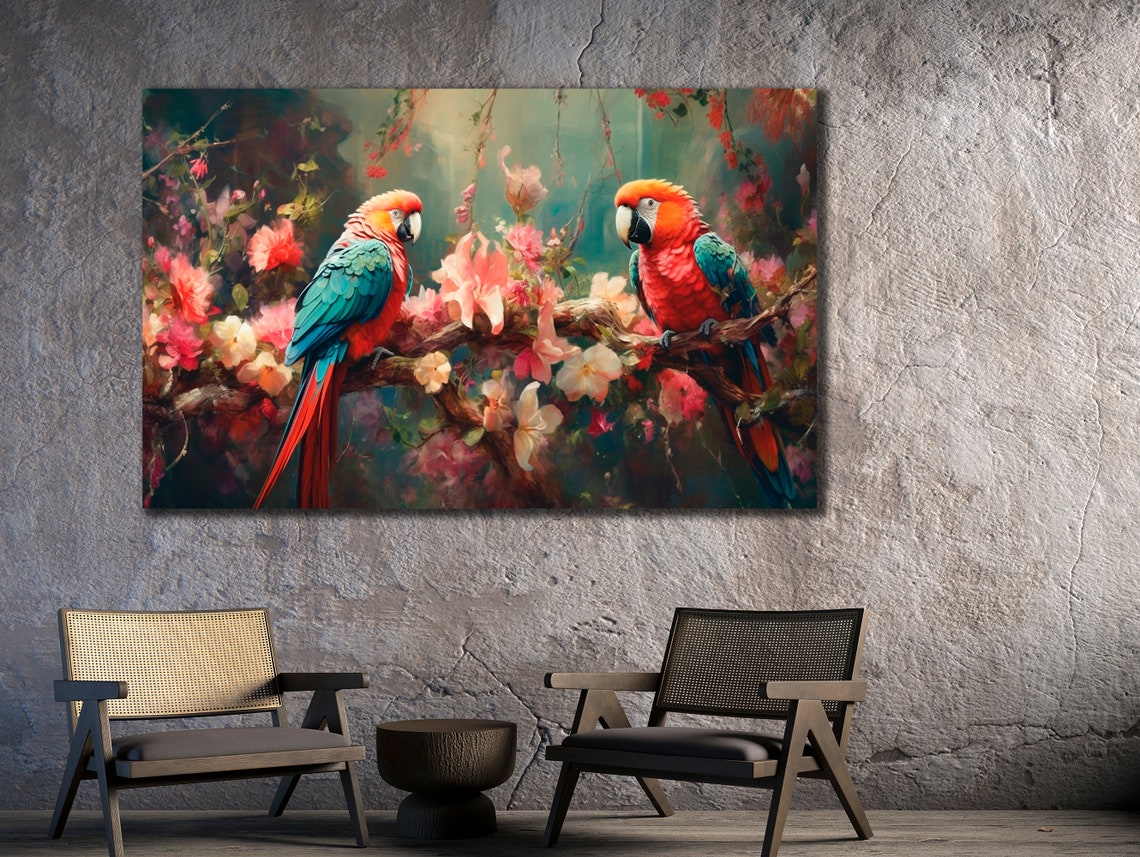 Two Scarlet Macaws Perched on Flowering Branch Tropical Bird Poster - Image 2