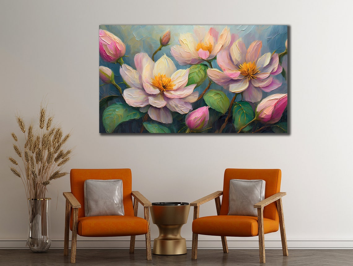 White Pink Peony Flowers With Buds Blue Green Impasto Floral Poster - Image 2
