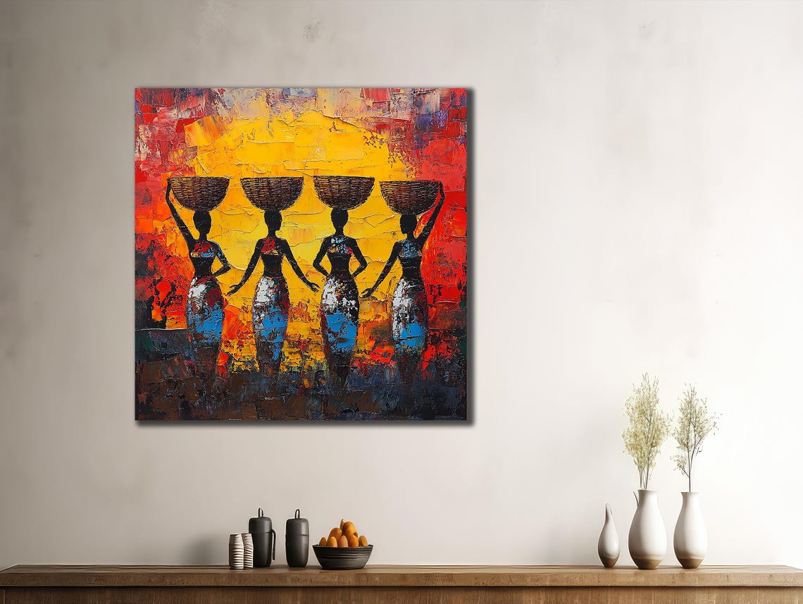 African Women Carrying Baskets Sunset Silhouette Ethnic Art Poster - Image 3