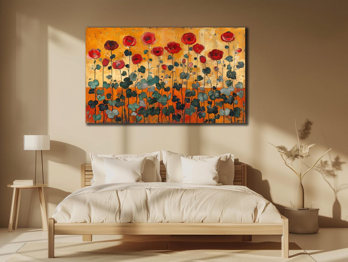 Red Poppies Golden Field Abstract Floral Meadow Wall Art Poster
