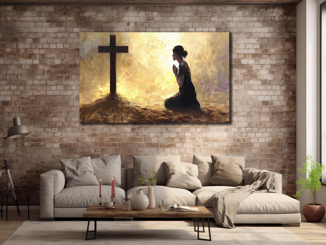 Christian Woman Praying Before Cross Golden Heavenly Light Faith Poster - Image 2