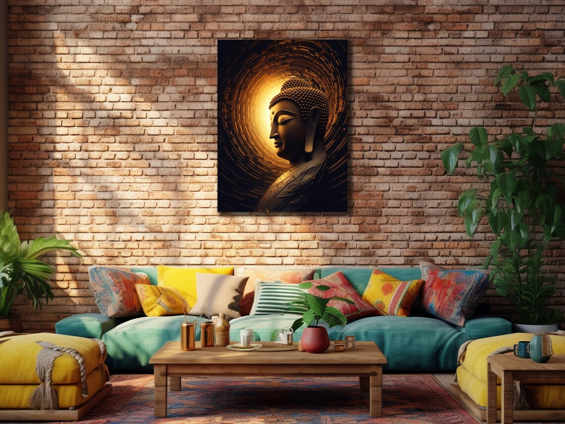 Golden Buddha Profile Radiant Halo Dark Serene Spiritual Wall Art Poster - Image 3