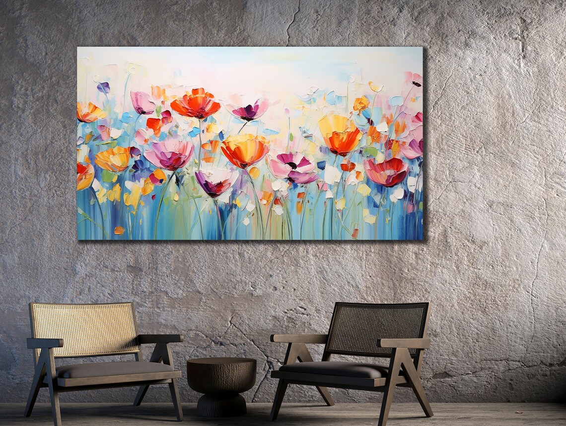 Wildflower Meadow Poppies Soft Blue Pastel Floral Oil Painting Print
