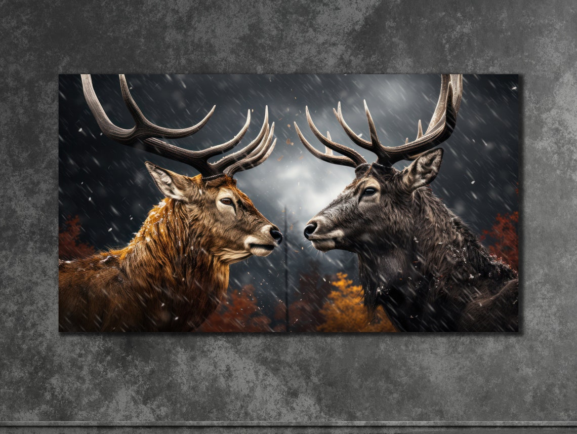 Two Majestic Stags Facing Off in Snowy Winter Forest Wildlife Poster - Image 3