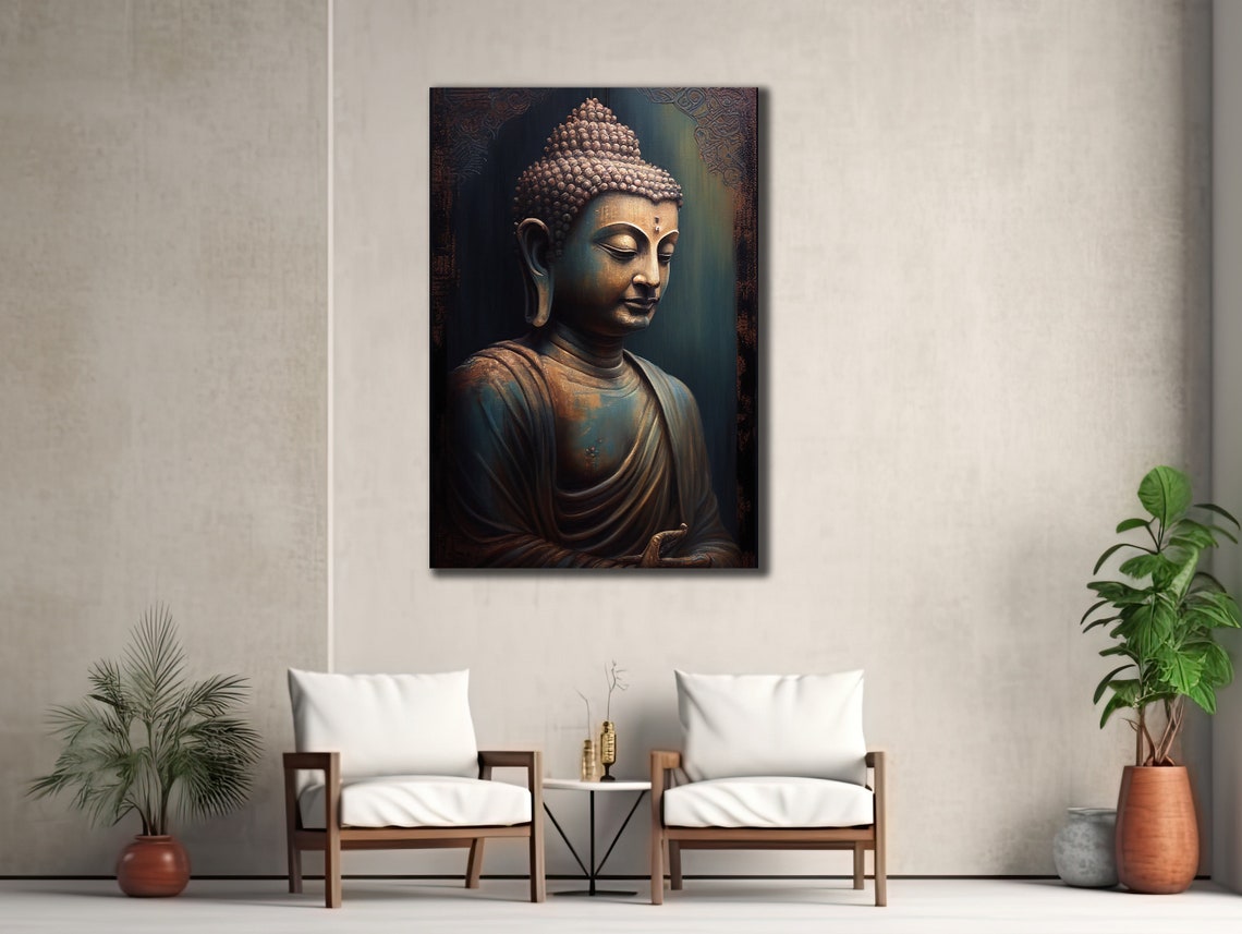 Buddha Meditation Statue Bronze Tones Serene Spiritual Wall Art Print