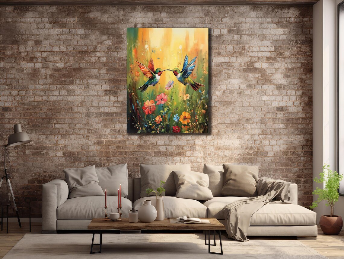 Hummingbird Couple Kissing Over Wildflower Meadow Colorful Art Poster - Image 2