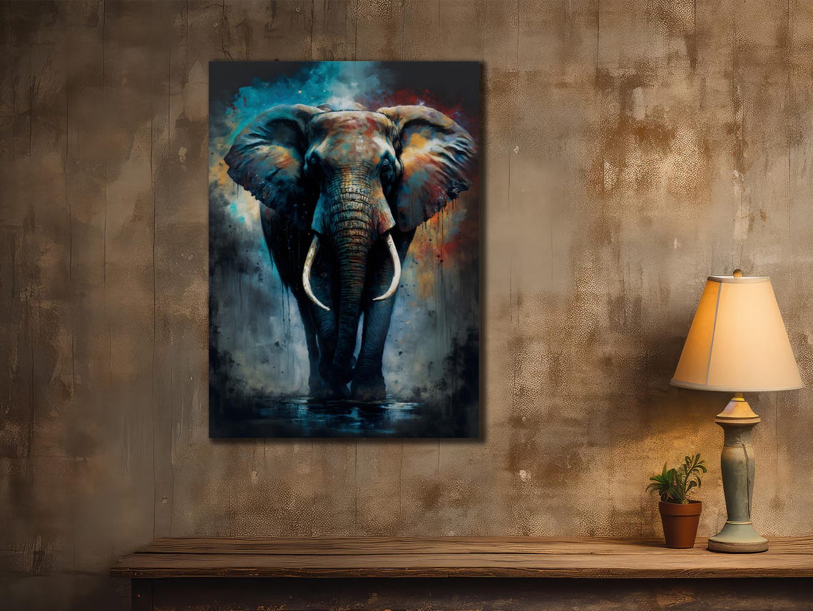 Elephant Standing Teal Blue Orange Watercolor Abstract Art Poster