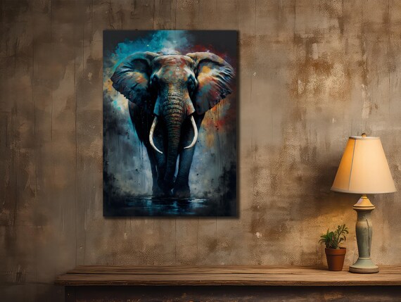 Elephant Standing Teal Blue Orange Watercolor Abstract Art Poster