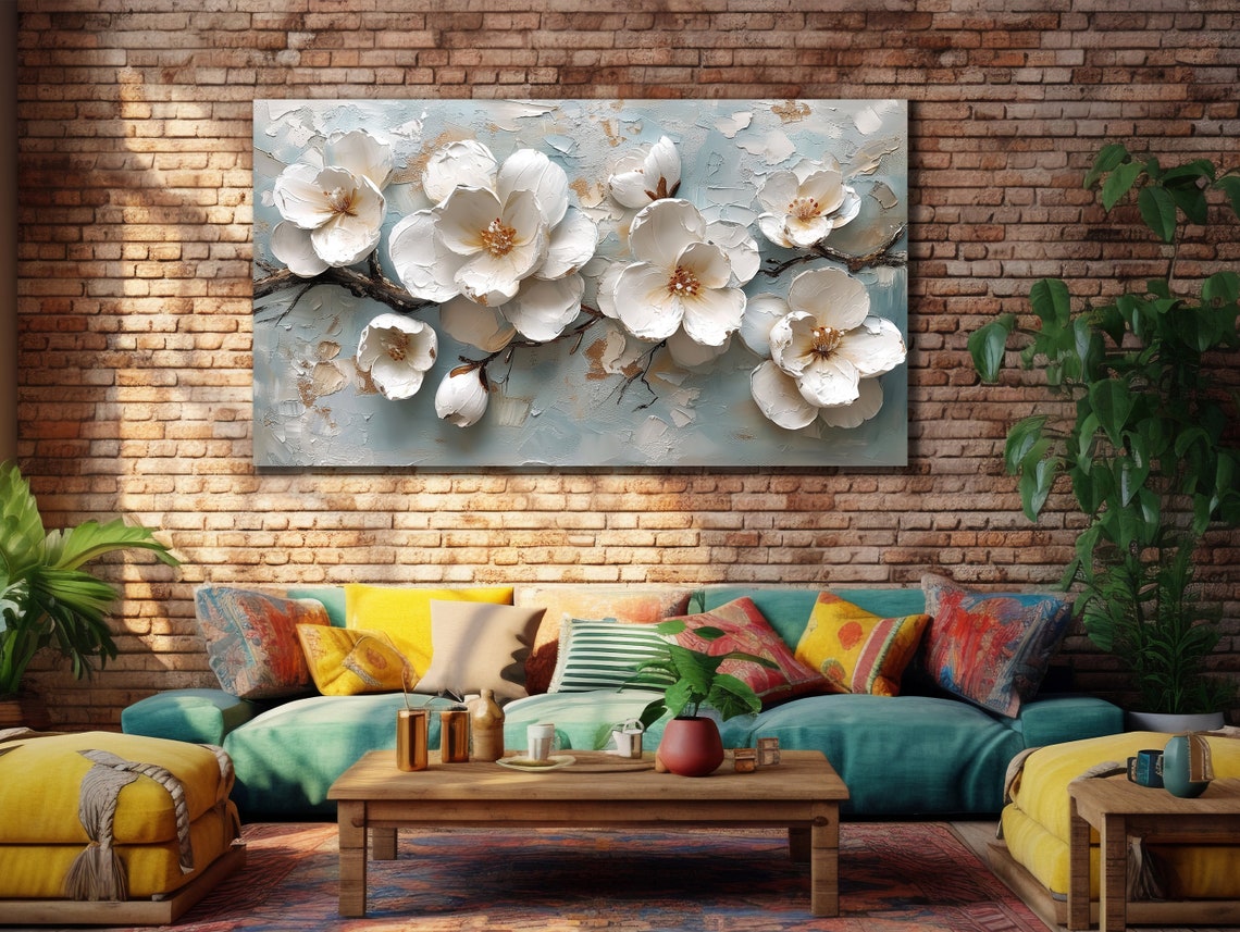 White Magnolia Blossom Textured Floral Painting Serene Wall Poster - Image 3