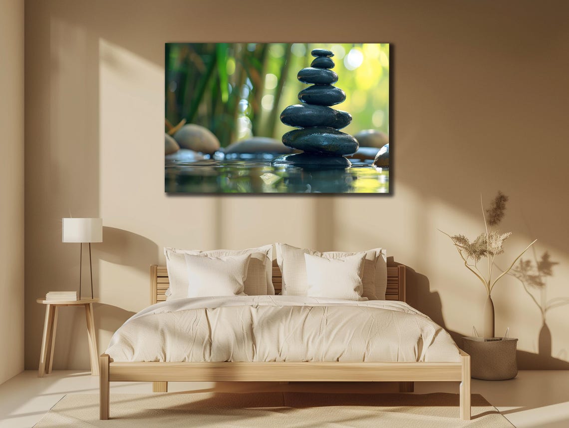 Zen Stacked Stones Water Green Bamboo Peaceful Meditation Poster