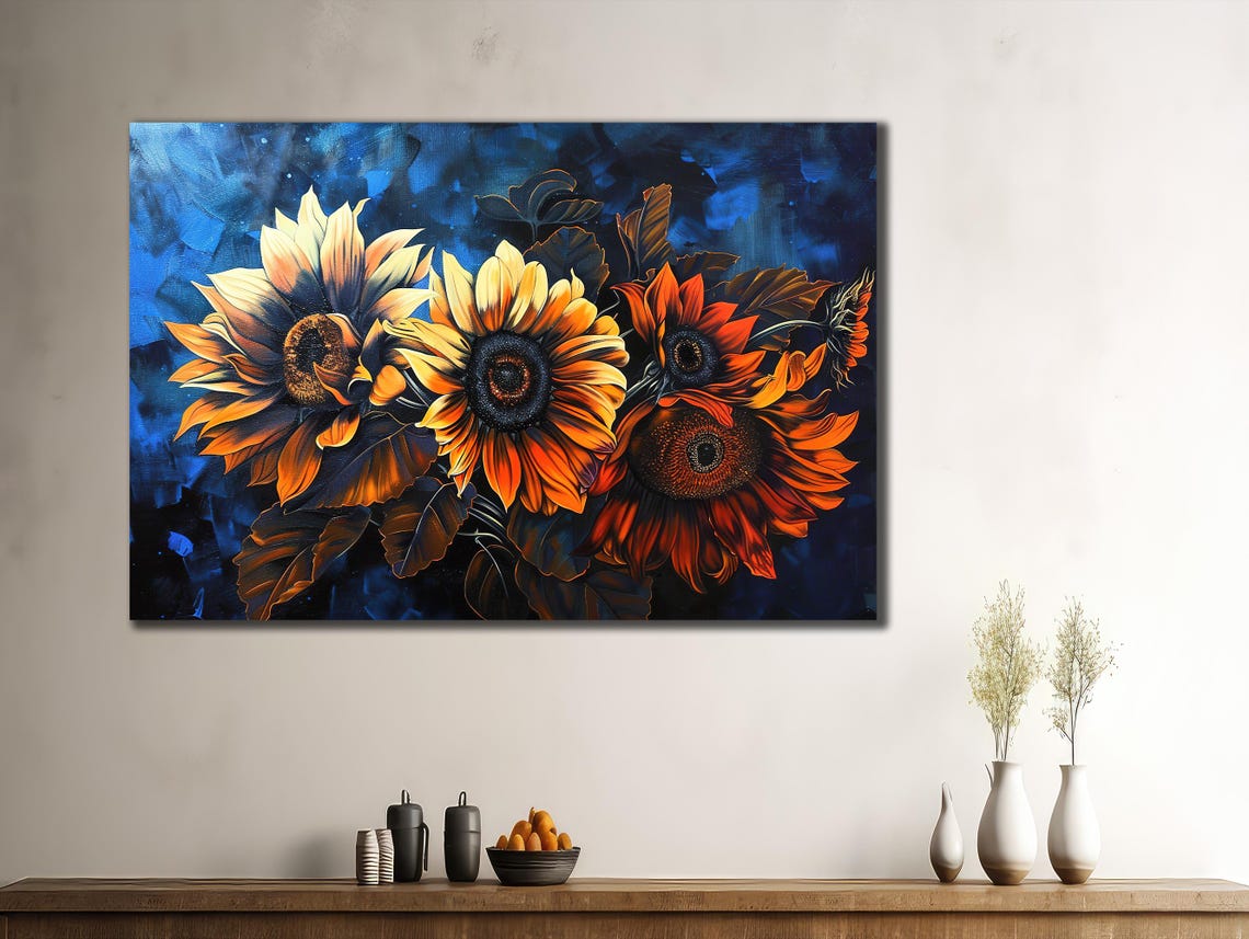 Golden Sunflowers on Deep Blue Starry Night Floral Wall Art Poster - Image 3