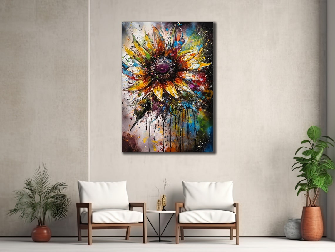 Colorful Sunflower Paint Drips Splatter Modern Floral Art Poster