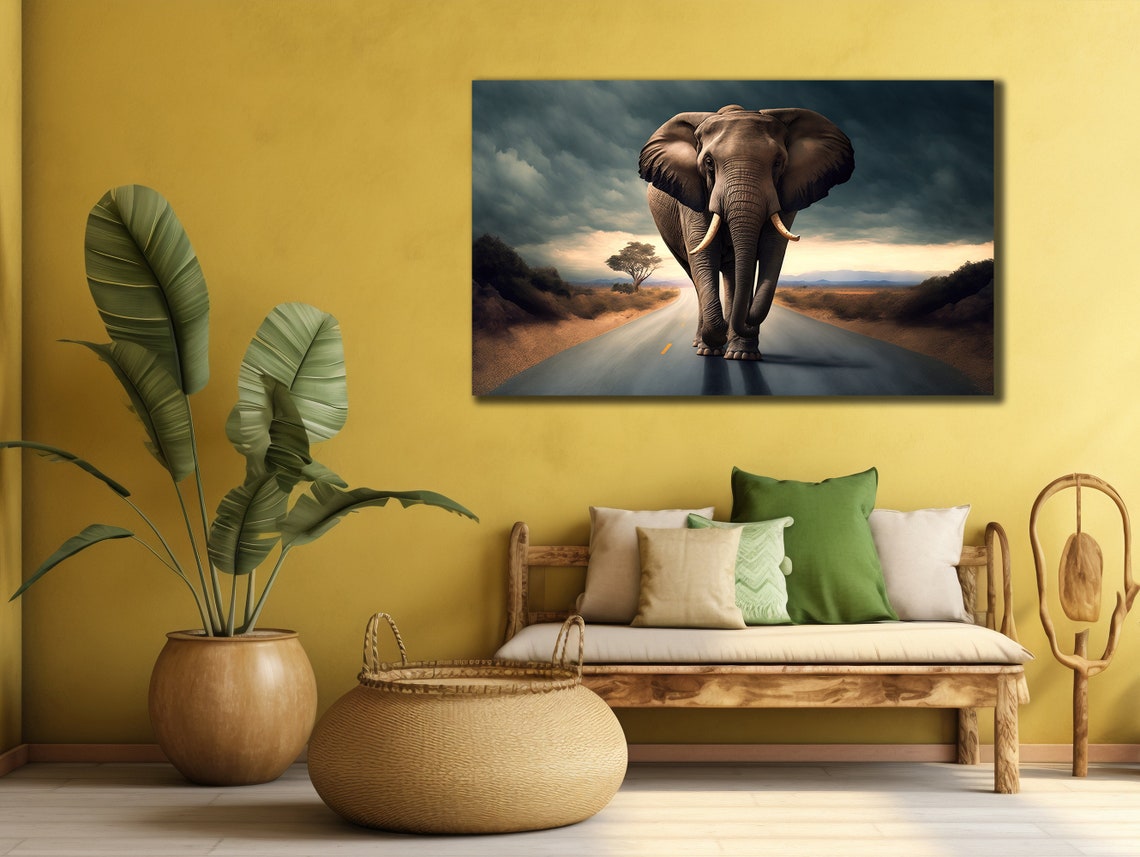 Lone Elephant Walking Road Stormy Sky African Wildlife Art Poster - Image 2