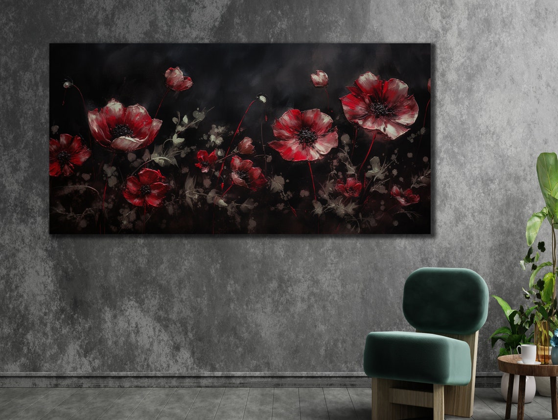 Red Poppy Flowers On Black Background Extra Large Floral Poster - Image 3