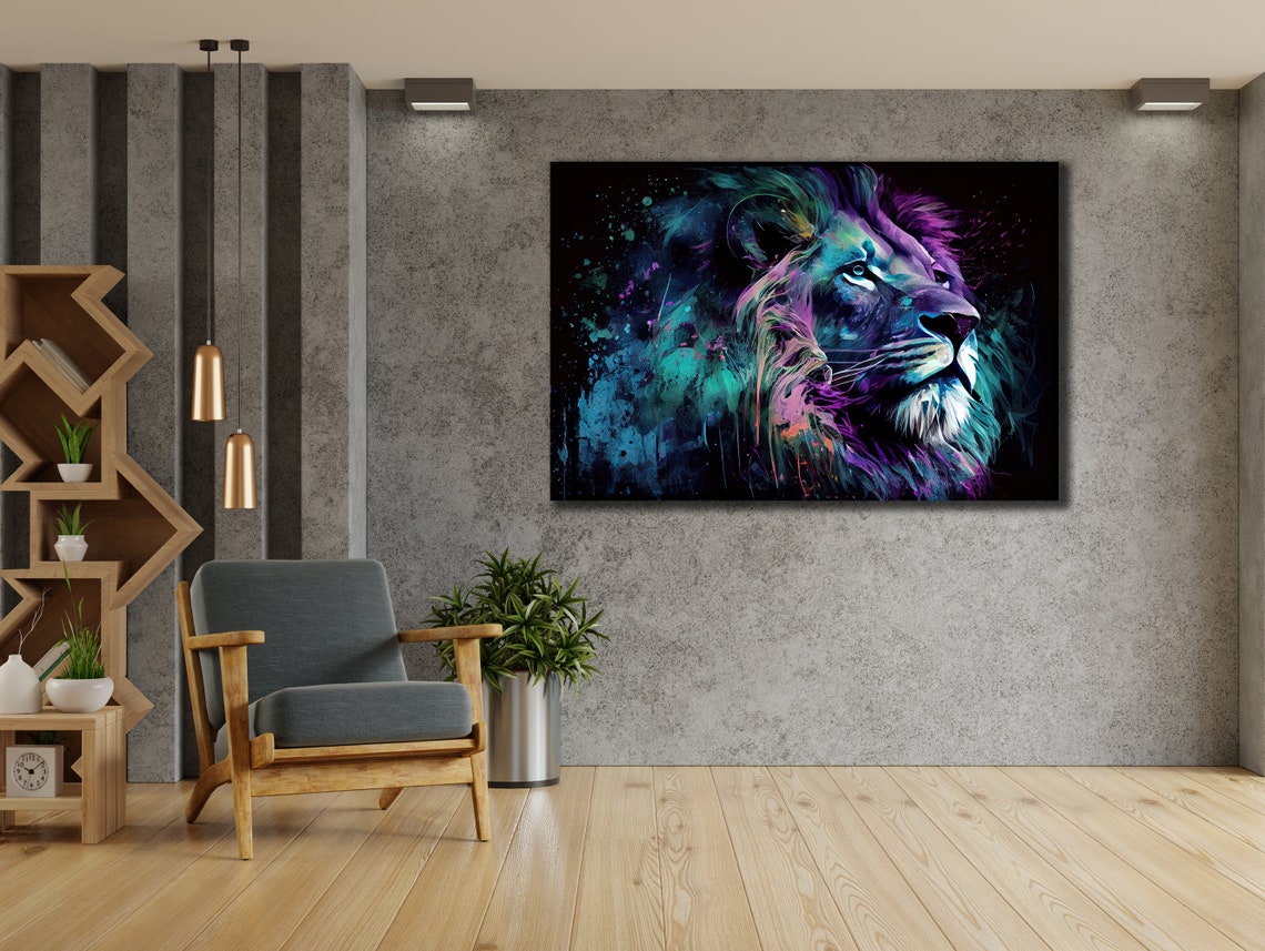 Neon Lion Head Portrait Black Background Colorful Wildlife Art Poster - Image 2