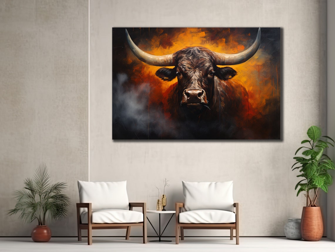 Longhorn Bull Smoky Orange Dramatic Animal Portrait Wall Art Print - Image 3