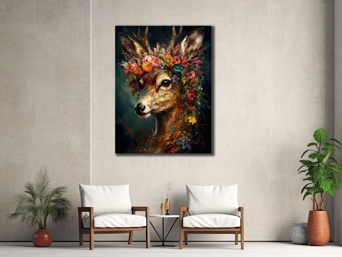 Deer Portrait With Floral Crown Colorful Botanical Animal Wall Print