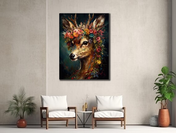 Deer Portrait With Floral Crown Colorful Botanical Animal Wall Print