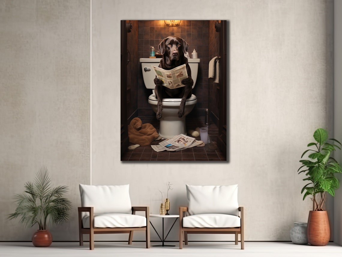 Funny Dog on Toilet Reading Newspaper Humorous Bathroom Wall Art