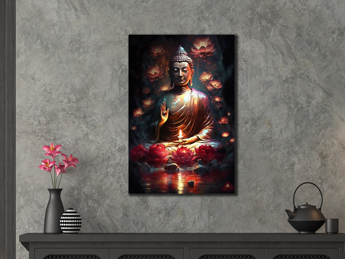 Buddha Meditating Red Lotus Dark Zen Spiritual Wall Art Poster - Image 3