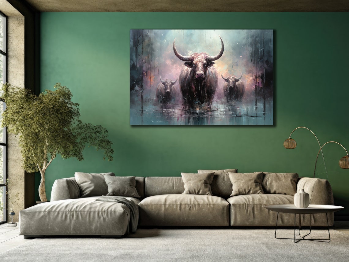 Three Water Buffaloes Walking Through Misty Still Water Poster