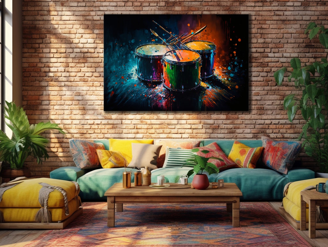 Colorful Neon Drums Crossed Drumsticks Paint Splash Music Poster