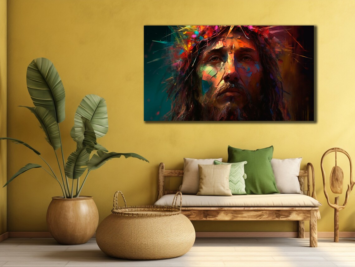 Jesus Christ Crown of Thorns Colorful Modern Painting Religious Wall Art Poster - Image 2