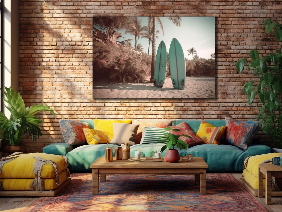 Surfboards on Tropical Beach Palm Trees Summer Coastal Wall Art Poster - Image 2