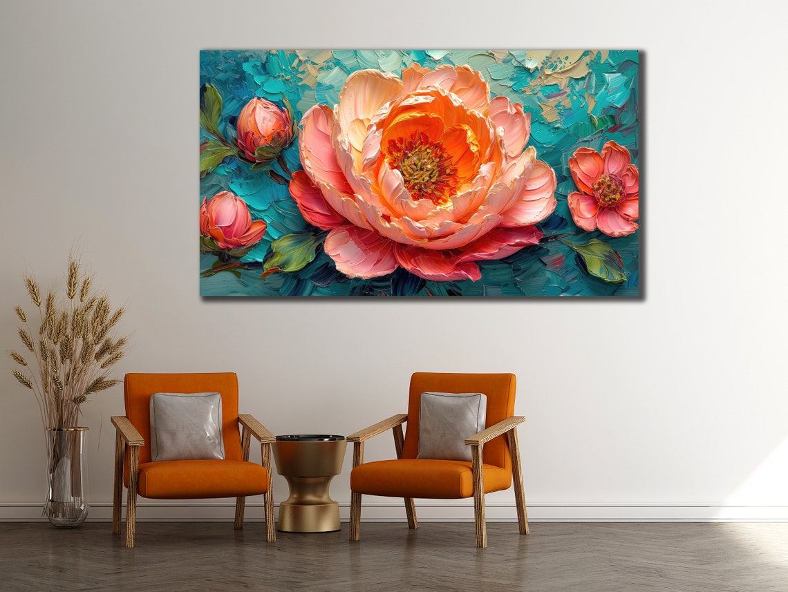 Pink Peony Blossom Impasto Painting On Teal Background Floral Poster - Image 3