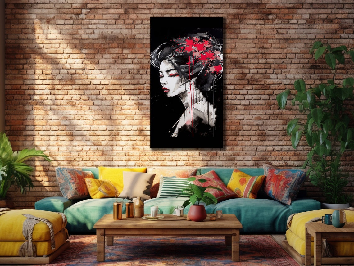 Japanese Geisha Portrait Black Red Floral Asian Art Wall Poster - Image 3