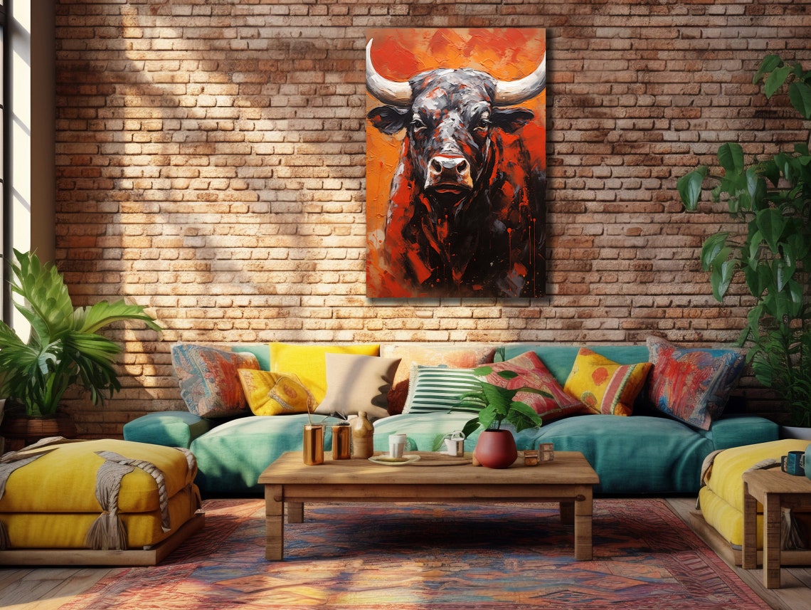 Dark Bull Portrait Fiery Orange Background Modern Animal Wall Art - Image 3