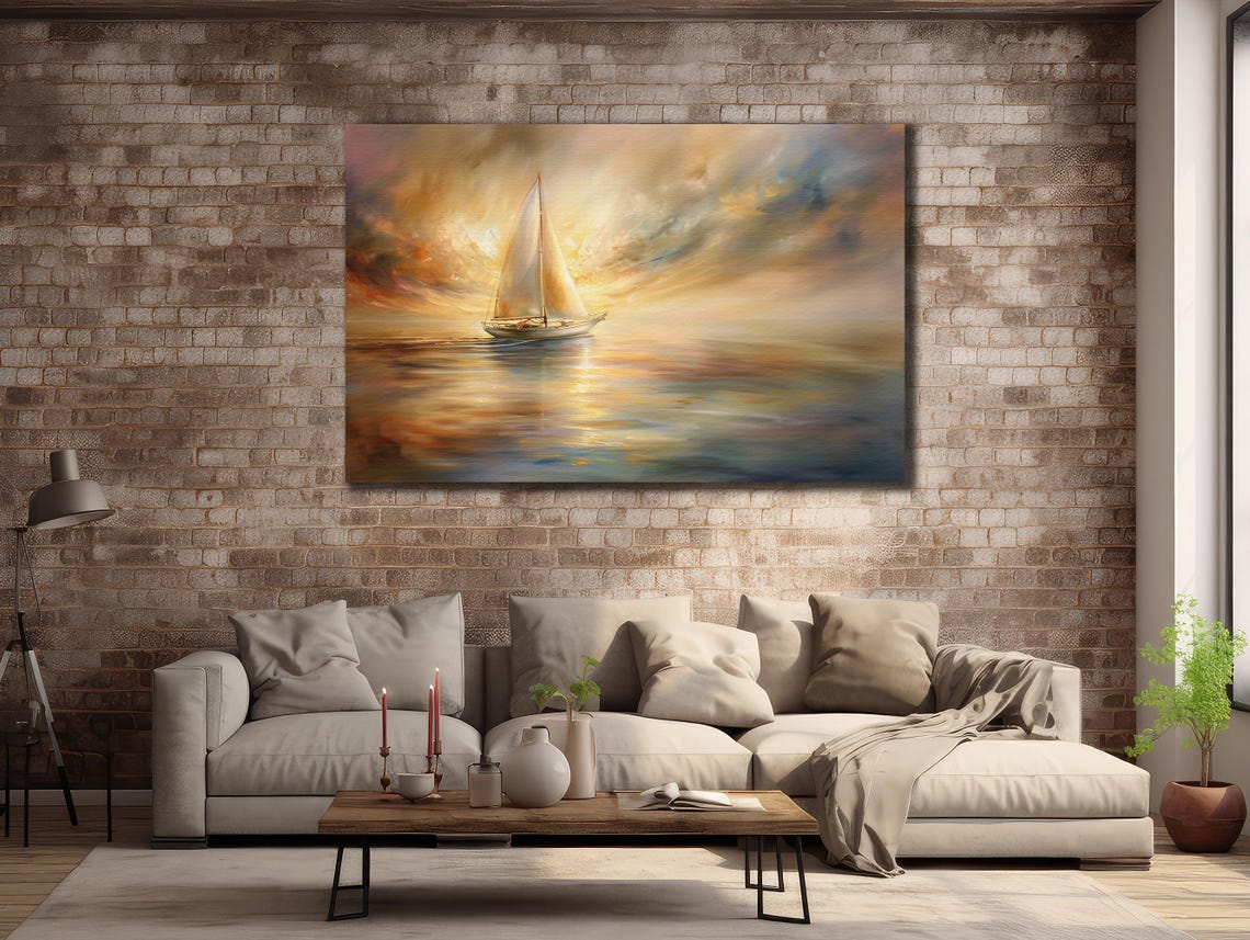Golden Sunset Sailboat on Calm Sea Oil Painting Seascape Art Poster