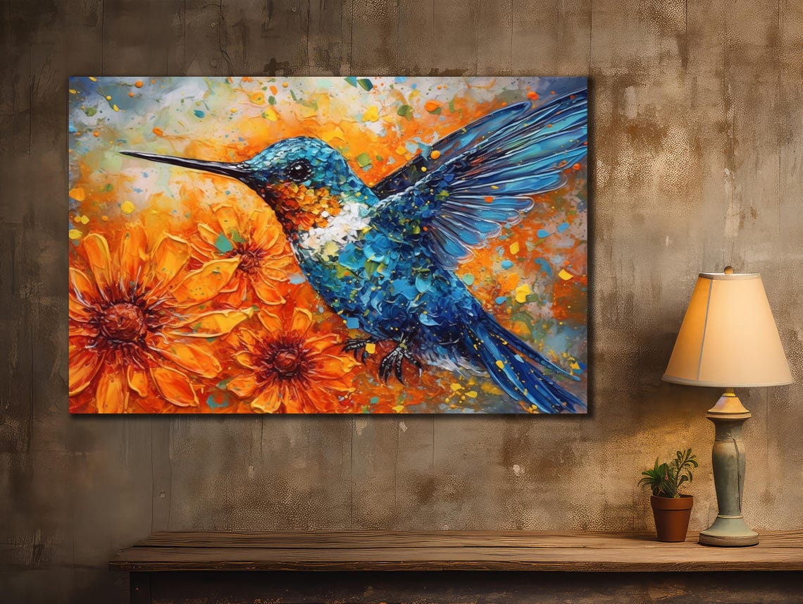 Blue Hummingbird with Orange Flowers Impasto Bird Painting Art Poster