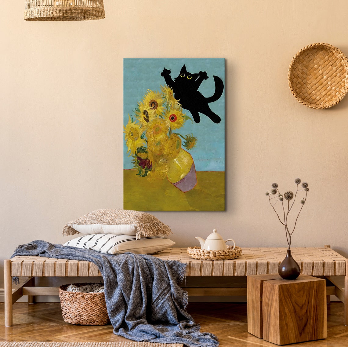 Van Gogh Sunflowers With Leaping Black Cat Funny Whimsical Poster - Image 3