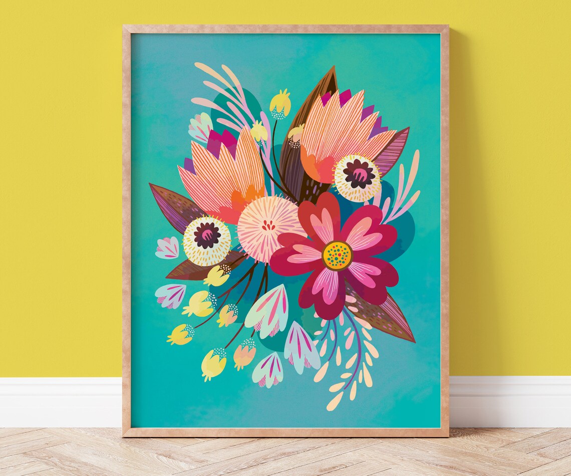 Turquoise Flower Botanical Print, Colorful Decor